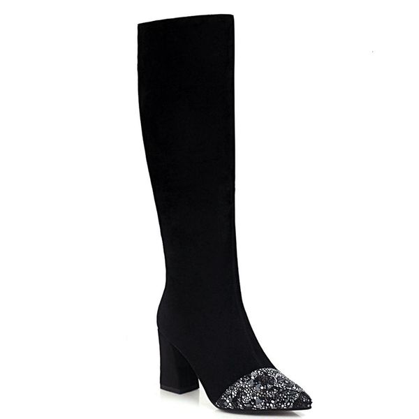 

big herd of heels toe sequins pointed high in knee shoes shoe heel and strass side zipper warm winter boots cre9, Black