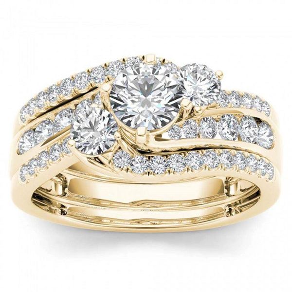 Anéis de casamento Rongxing moda ouro amarelo cheia zircão branco para mulheres homens multicamadas anel de cristal conjuntos noivado jóias cz