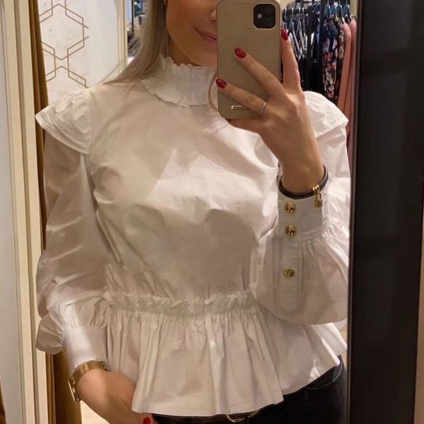 

2021 early spring new women shirt style white lace waist collar ruffled cotton hv8g