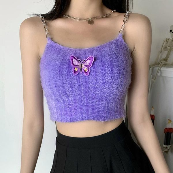 

women's tanks & camis purple butterfly e girl women sleeveless tee short slim chain harajuku sling appliques female streetwear, White