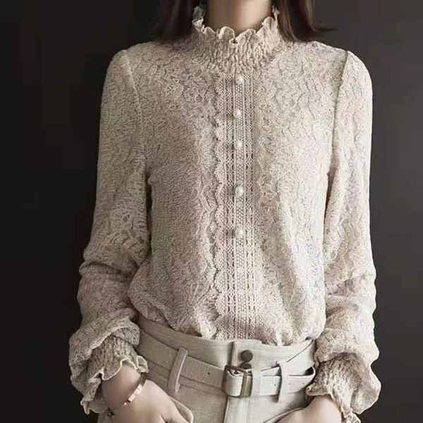 

womens shirts spring lantern long sleeve lace blouse women elegant retro pullover blouses shirt female blusas, White