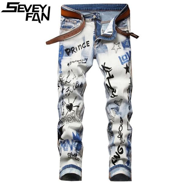 

men's jeans seveyfan embroidery graffiti fashion patches straight fit denim pants hip hop joggers, Blue