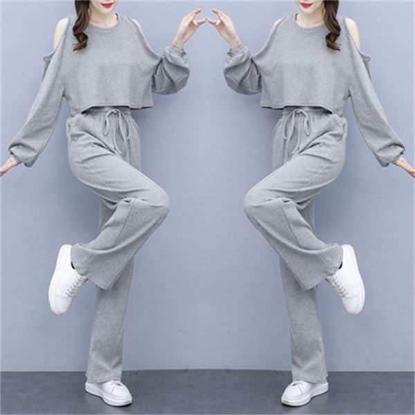 

off the shoulder piece korean two upper body and women's training pants femme deux parts 6sxc, White