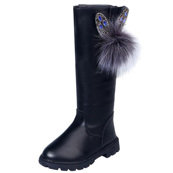 

boots children knee length plush fur girls shoes fashion leather 2021 autumn winter princess snow, Black;grey