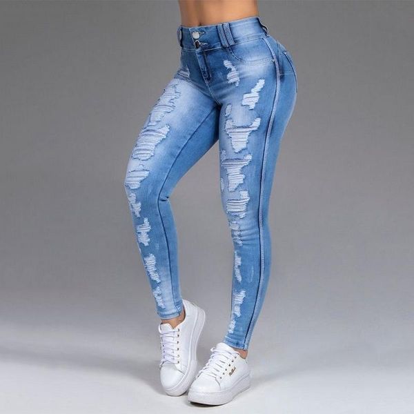 

large size high waist ripped distressed mom jeans for women 2021 fall winter spandex vintage pencil denim pants boyfriend jeans, Blue