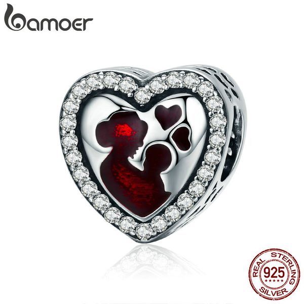 Bamoer 100% 925 Sterling Prata Grande Mãe amor Coração Gravam Charme Beads Fit Bracelete Colar de Jóias Presente Mãe SCC634 Q0531