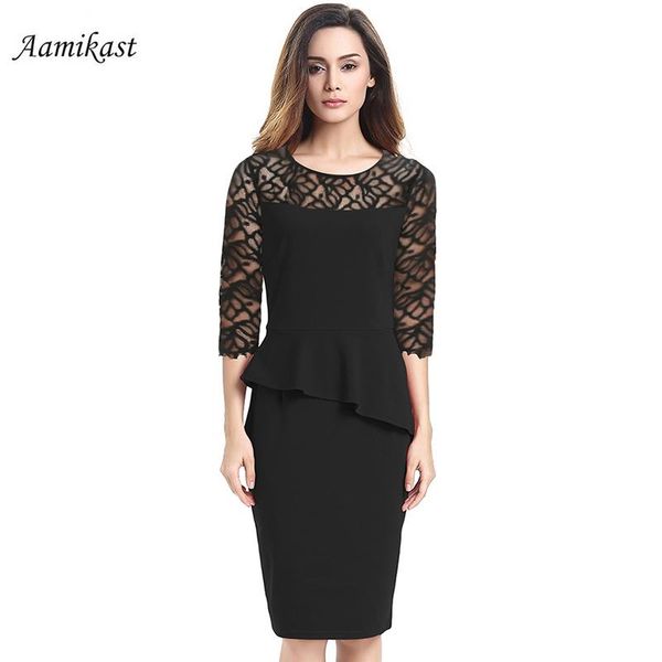 

casual dresses aamikast autumn women lace dress 2021 elegant o-neck 3/4 sleeve patchwork ruffles pencil bodycon party wear to work vestidos, Black;gray