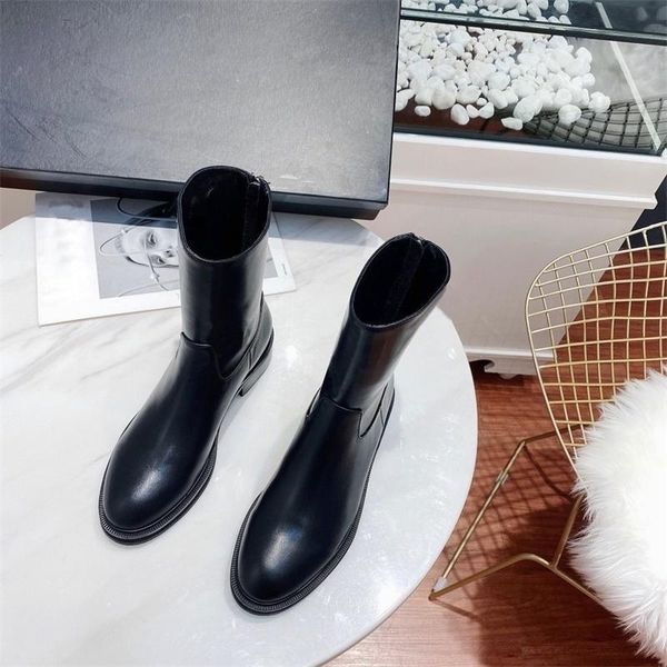 

boots casual 2021 leather comfortable thick heel skinny, Black