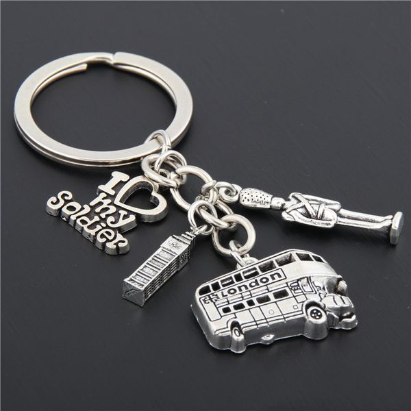 

1pc London Bus Keychain Big Ben Charms I Love My Soldier Key Chains Army Navy Airforce England Gift E1661