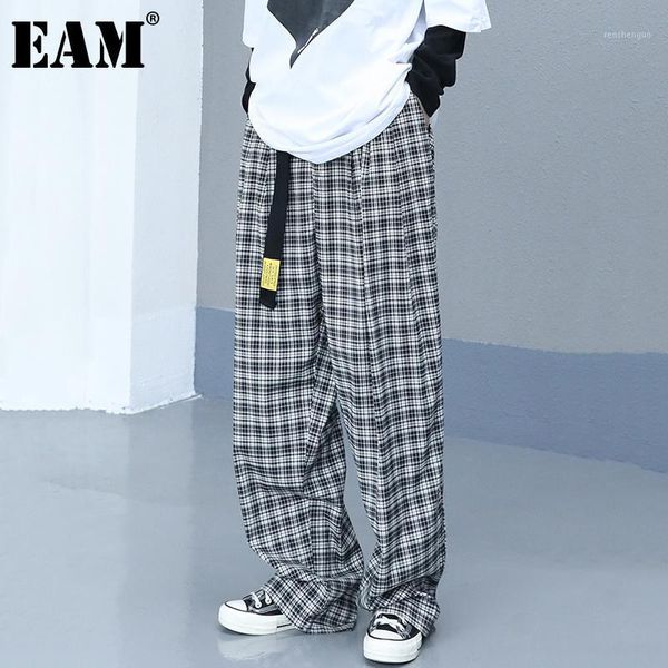 

women's pants & capris [eam] high elastic waist black plaid long wide leg trousers loose fit women fashion tide spring autumn 2021 1de1, Black;white