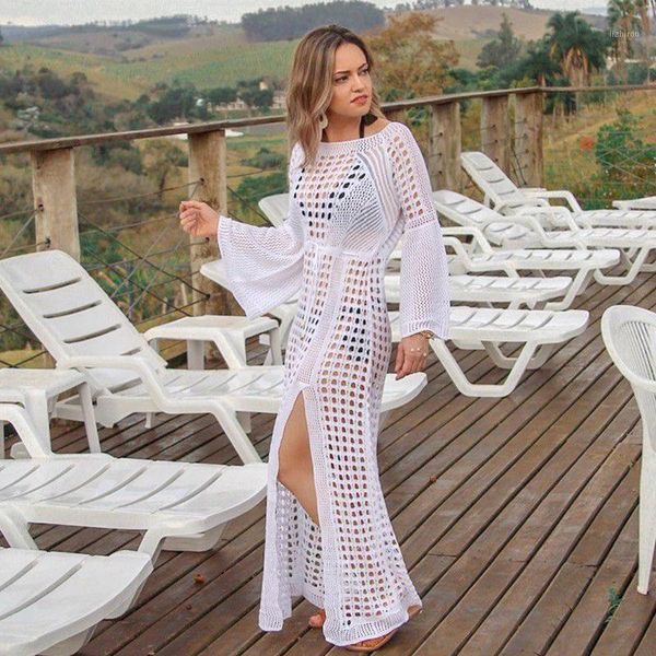 

women's swimwear 2021 knitted beach dress cover up crochet tunic pareo praia salida de playa beachwear, White;black