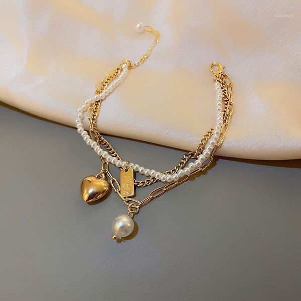 

charm bracelets 2021 arrival korean design bracelet multi-layer chain white pearl gold heart adjustable exquisite for women, Golden;silver
