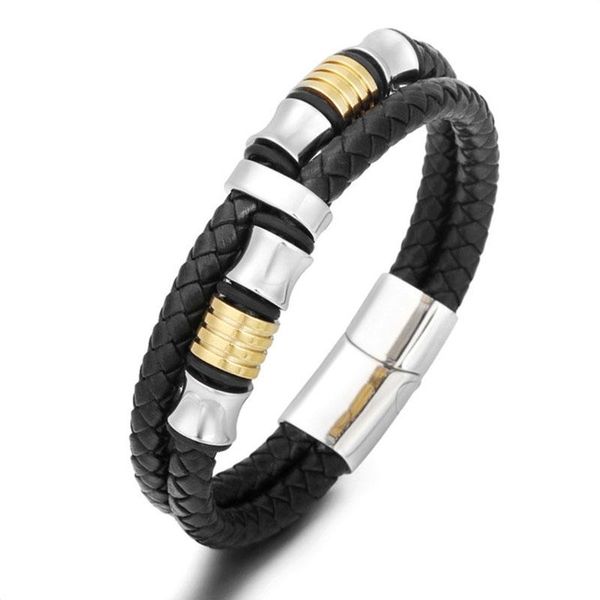 

tennis titanium stainless steel luxury man bracelet genuime leather 2 stands magnet connecting gothic jewelry accessories for men, Golden;silver