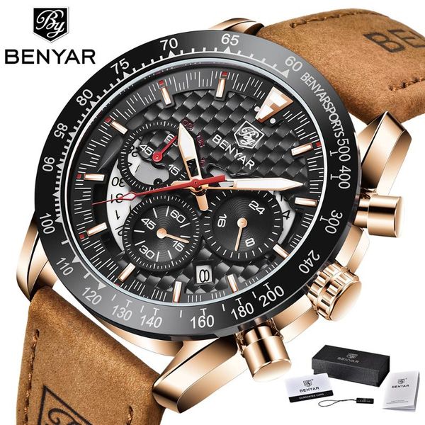 

wristwatches 2021 benyar men watches quartz man leather chronograph military watch relogio masculino, Slivery;brown