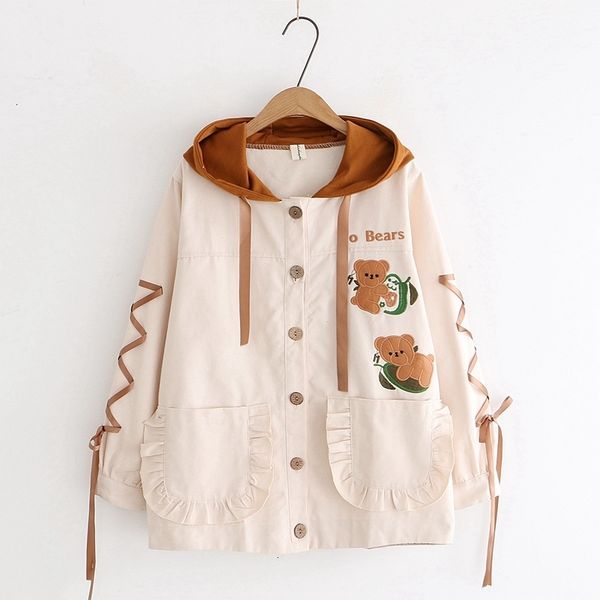

2021 new japanese mori girl spring coat cartoon bear embroidery cute design cosplay hooded jacket female student shirt hoodies byfl, Black