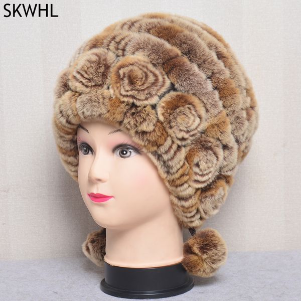 Mulheres Inverno Flores Listrado Natural Rex Rex Coelho Chapéus Senhora Quente Knit Genuine Caps Russo Chapéu ao ar livre