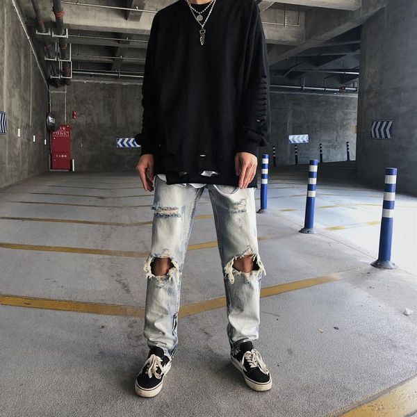 

men's pants european and american high street ripped jeans loose tassel beggar all-match, Black