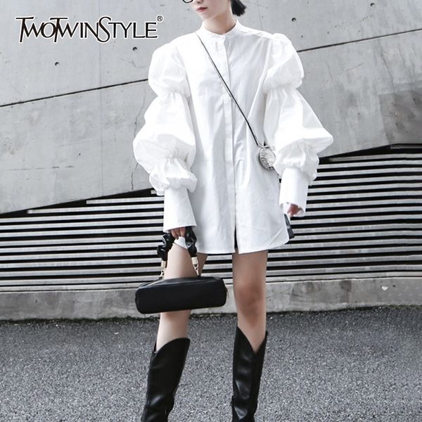 

twotwinstyle vintage loose women's blouses o neck puff long sleeve ruched autumn shirts for female fashion clothing tide 210308, White