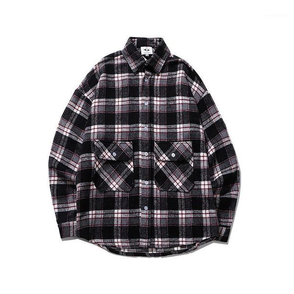 

men's jackets firmranch spring/autumn thick plaid classic color matching shirt jacket ins men vintage loose casual outwear/inside, Black;brown