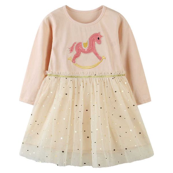 Aosta Betty Outono Manga Longa Dress Girls Net-Yarn Sequin Cavalo Redondo Pescoço Algodão Crianças Casuais Rosa Vestidos 2-7years G1026