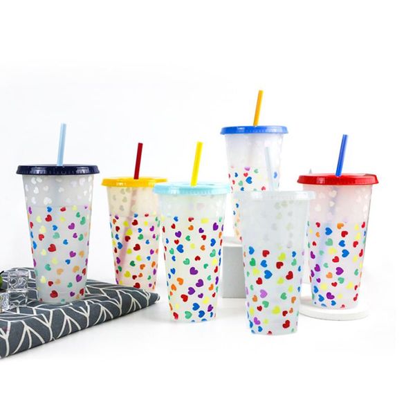 

mugs 710ml color changing with straw cup coffee mug colorful love pattern discoloration tumblers cold drinks summer drinkware