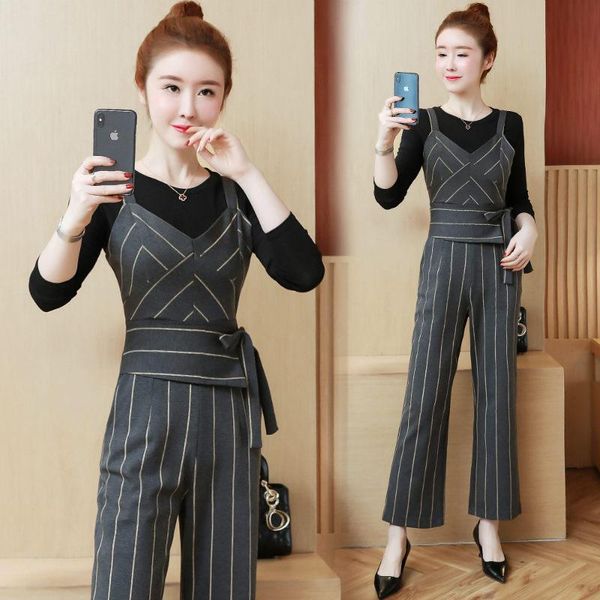 

women's tracksuits striped overalls korean fashion jumpsuits & t shirt gentle women clothing set 2021 spring autumn 2 pcs outfit lady v, Gray