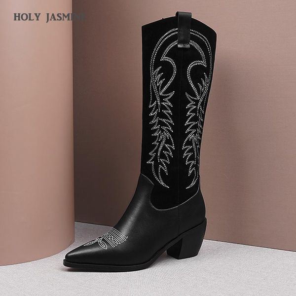 

boots western cowboy for women pointed toe women's shoes brand embossing microfiber leather mid-calf chunky wedges boot, Black
