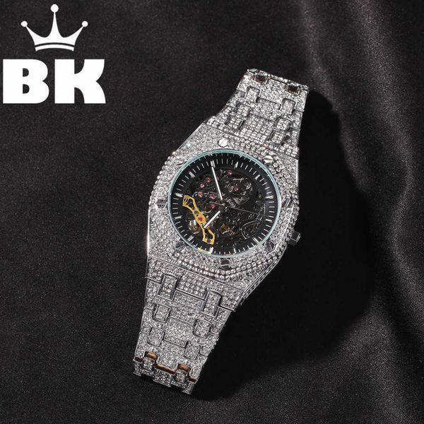 

hip hop full iced out men watches stainlsteel mechanical luxury rhinestones quartz square wristwatches businwatch x0707, Silver