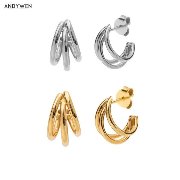 

andywen 925 sterling silver 19mm three line circle cross hoop gold women luxury loop big thickness rock punk jewelry 210625, Golden;silver