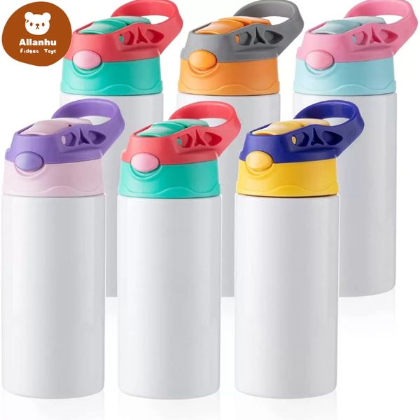 Sublimação Blanks Crianças Tumbler Baby Garrafa Sippy Cups 12 Oz Branco garrafa de água com palha e tampa portátil 5 tampas de cor sublimação Impressão JYF