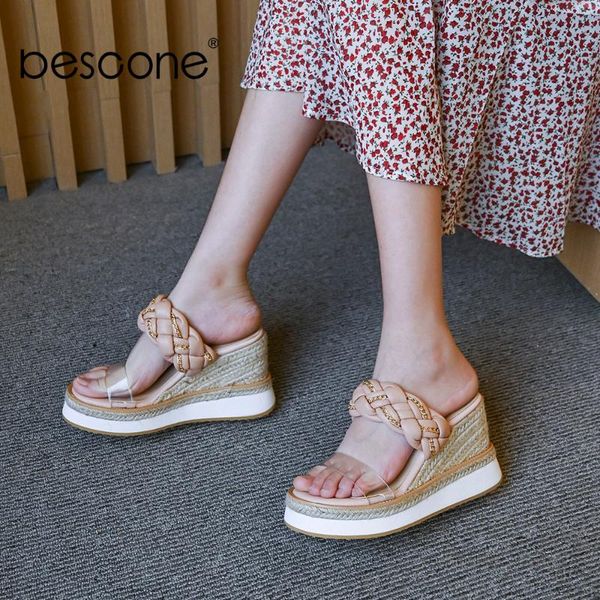 

slippers bescone women shoes fashion summer wedges high heels 10cm platform outdoor straw weave pvc transparent lady bo927, Black