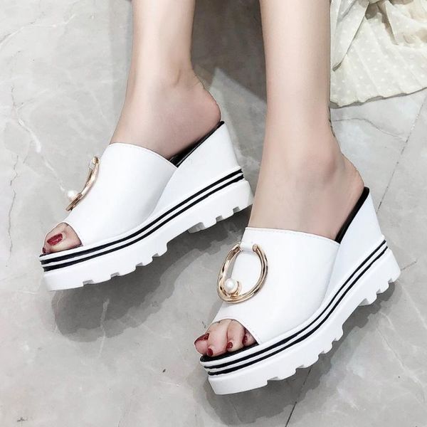 

slippers fashion leather woman shoes summer pearl slip-on fish mouth breathable platform heels wedges feminina, Black