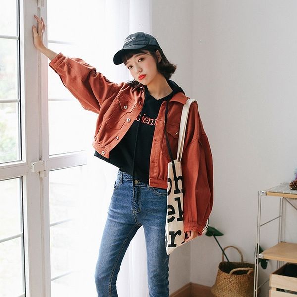 

spring new fashion orange bomber jackets jeans women loose lantern sleeves motorcycle jacket female short denim korean coat, Black;brown
