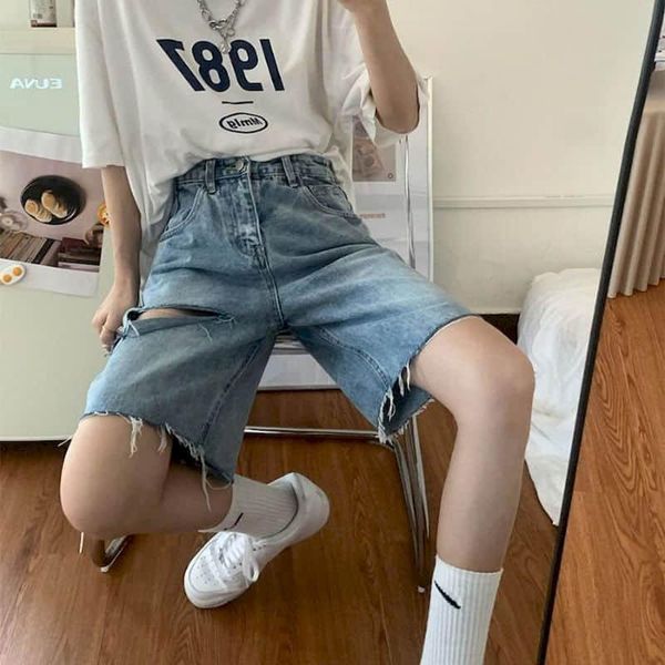 

men's shorts denim pants women summer high waist slimming hole straight loose wide-leg capris jean oversized street, White;black