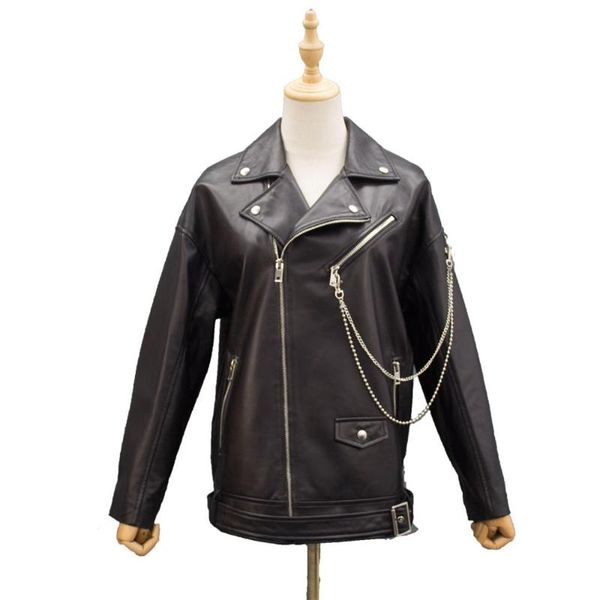 

women's jackets women sheep leather jacket with metal chain motor black loose belt casual coat basic punk outerwear, Black;brown