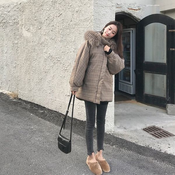 

large fur collar women plaid cotton-padded casual thick lady vintage down coat parkas female plus size hooded outwears, Black;brown