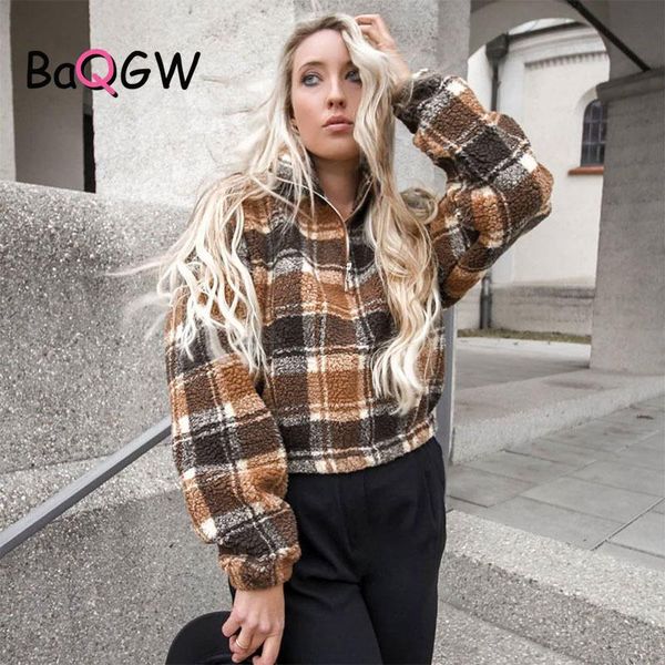 

women's hoodies & sweatshirts baqgw sweatshirt women casual long sleeve plaid teddy coat fur crop turndown collar blouse, Black