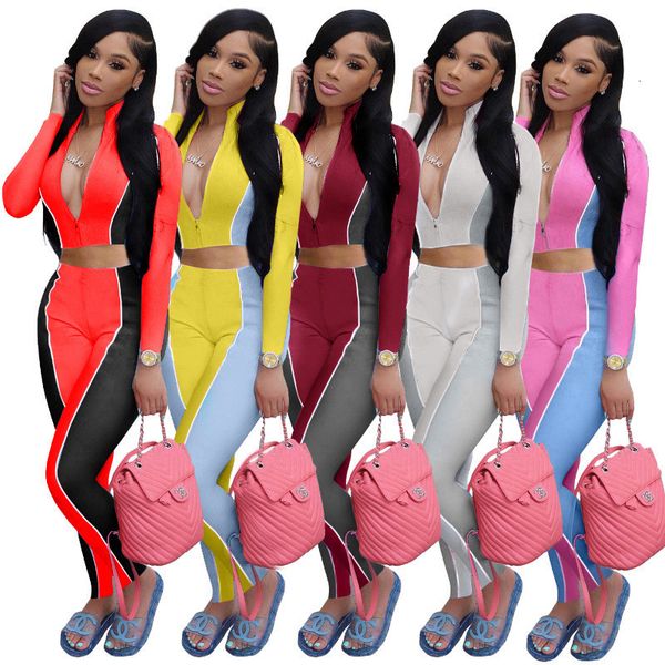 

2021 new style two piece set women fall clothes sweatsuit patchwork bodycon zip sweatpants joggers outfit wholesale dropshipping rxty, Gray