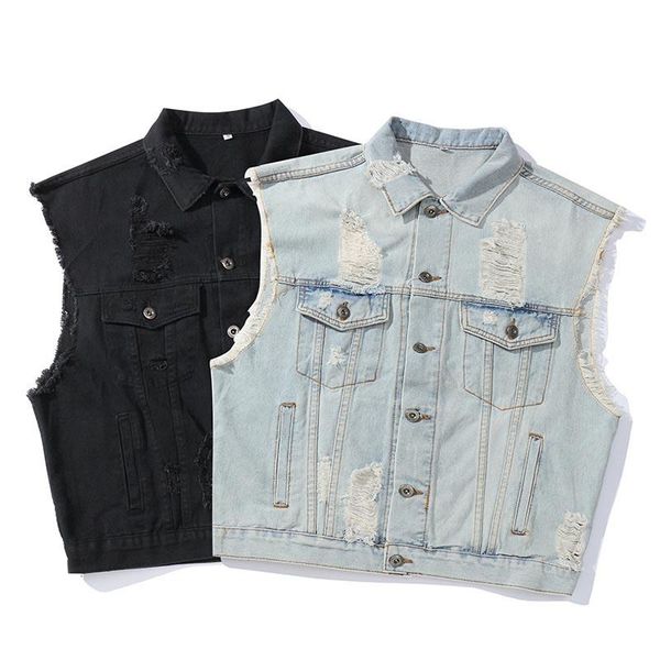 

men's vests kiovno men ripped holes denim vest hip hop pleated waistcoats for male sleeves jeans jackets size m-2xl black, Black;white