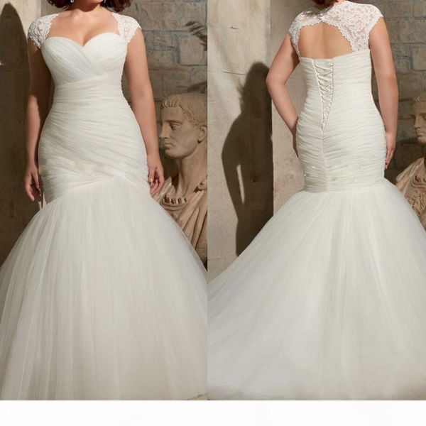 

2021 mermaid wedding dresses portrait lace cap sleeves sweetheart corset back pleats ruched custom made wedding gown vestido de novia, White