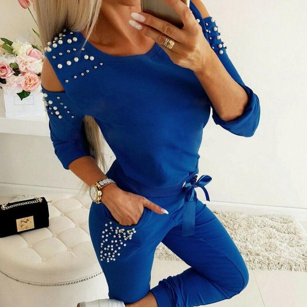 

women's two piece pants 2pcs set suit women pullover beading sports trouser offshoulder pants full winter tracksuit thick stretchy clot, White