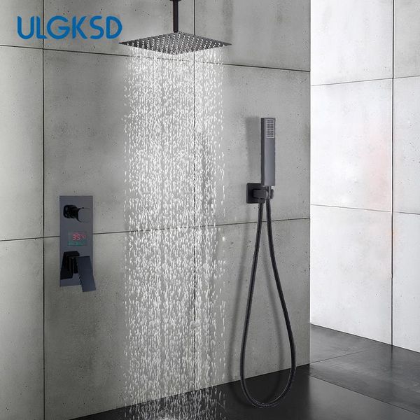 

bathroom ceiling shower faucet set rainfall shower head display screen mixer valve waterfall bathtub spout 2/3 ways taps
