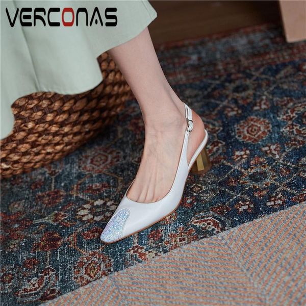 

verconas fashion casual spring summer women pumps new blingbling high heels genuine leather slingbacks shoes woman, Black