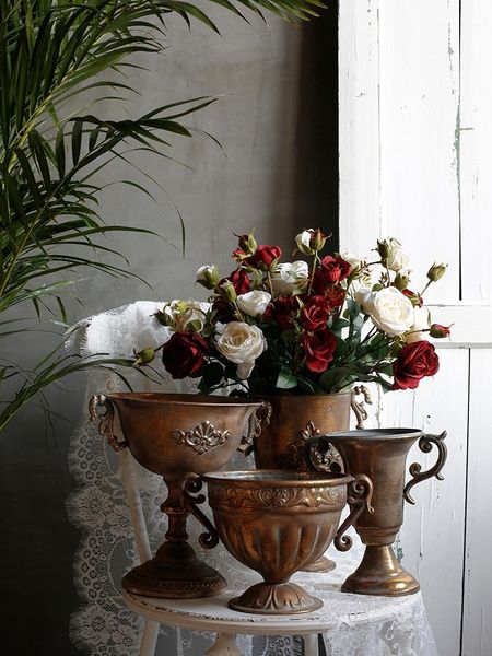 Vasos velho ferro flor vintage casa casa nórdic decoração dourada prata europeia potenciômetro cálice decoração clássico casa