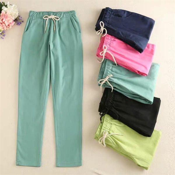 

women's pants & capris women 2021 summer female pencil trousers casual loose autumn cotton linen long candy color plus size -6xl 7xl, Black;white