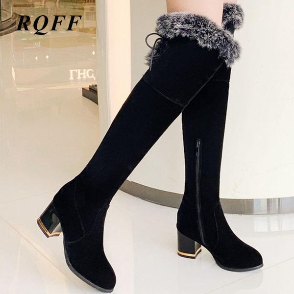 

boots over the knee women fashion autumn winter block high heel 6cm shoes woman flock fur black boot plus big size 44 45 46
