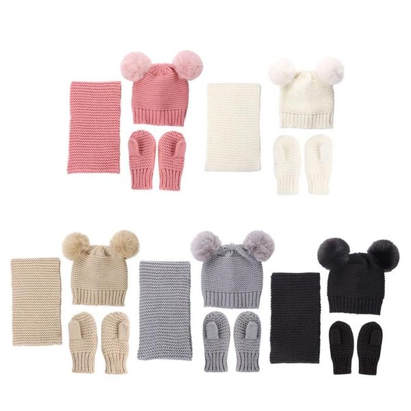 

caps & hats hat scarf gloves set beanie cap children boys girls fake ball pompon keep warm winter knitted mittens, Yellow