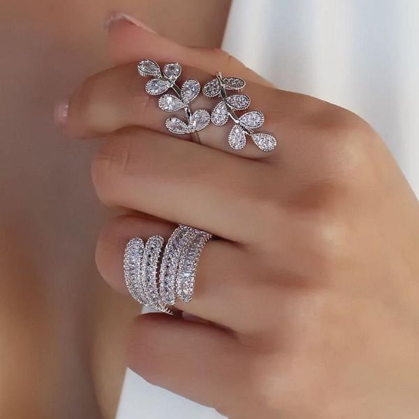 

cluster rings luxury shiny flower leaf finger ring for women cubic zirconia stone vintage gold/silver color open bride wedding jewelry cz, Golden;silver