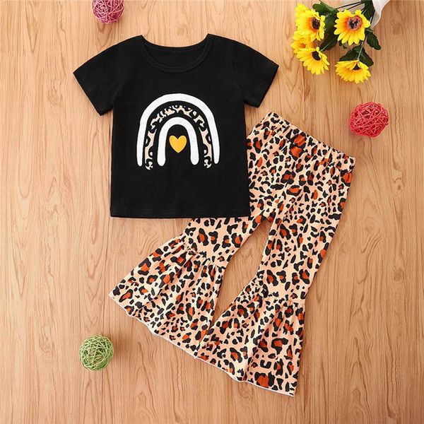 

kids clothing sets girls outfits baby clothes children wear summer fashion cotton short-sleeved t-shirt leopard print flared pants 2pcs suit, White