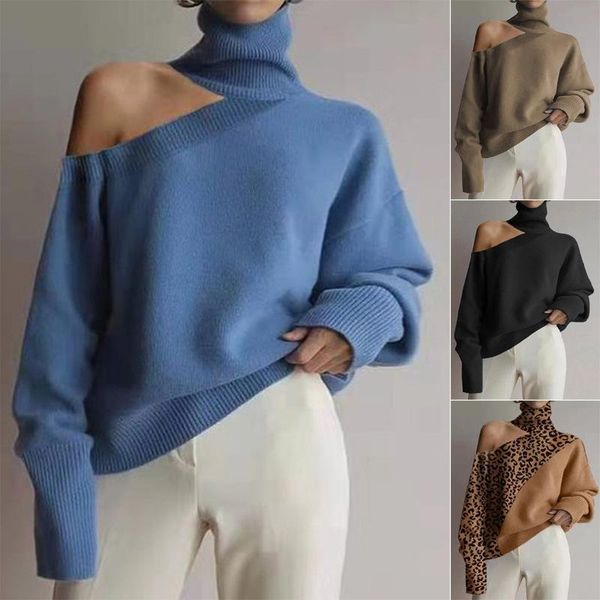 

women's sweaters autumn and winter high collar off shoulder sweater fashion temperament pullover long sleeve wear, White;black